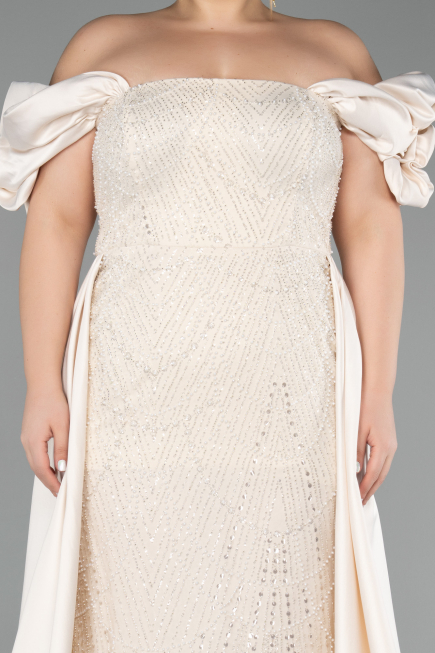 Beige Long Beaded Plus Size Evening Dress ABU5155