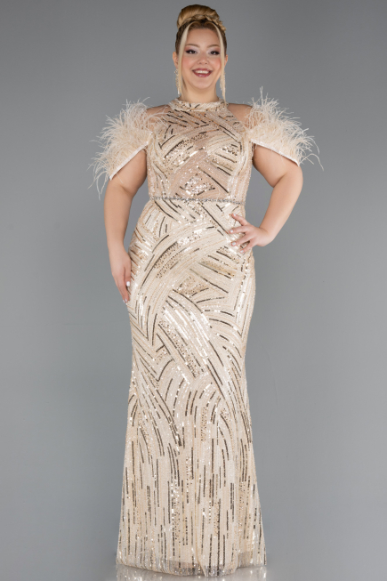 Long Beige Beaded Plus Size Evening Dress ABU5540