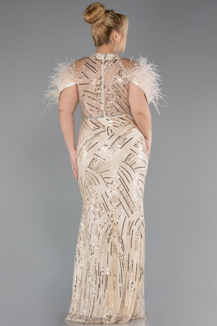 Long Beige Beaded Plus Size Evening Dress ABU5540
