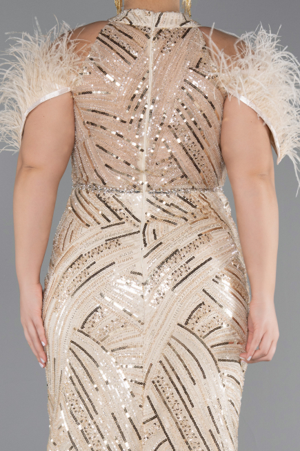 Long Beige Beaded Plus Size Evening Dress ABU5540