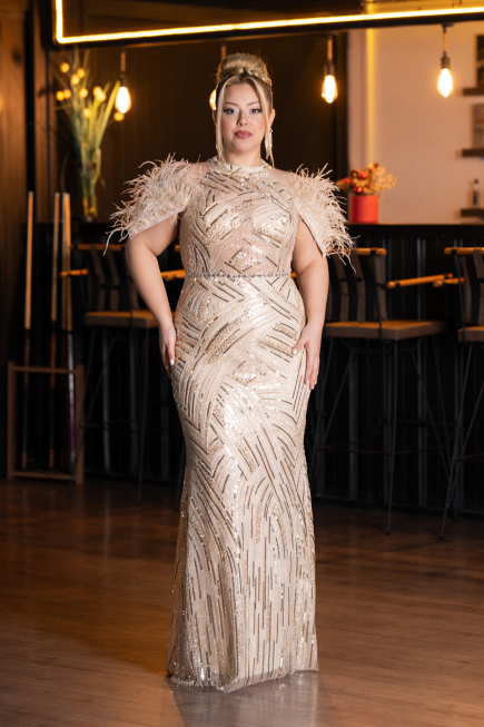 Long Beige Beaded Plus Size Evening Dress ABU5540
