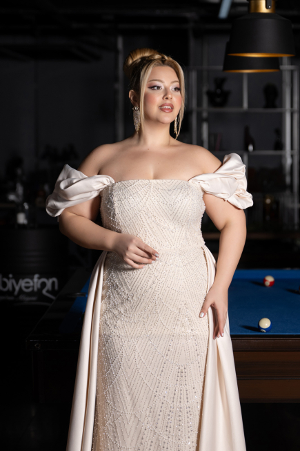 Beige Long Beaded Plus Size Evening Dress ABU5155
