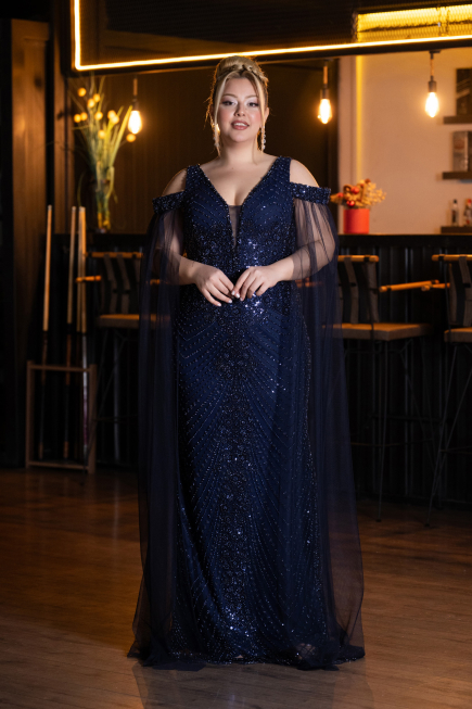 Long Navy Blue Beaded Plus Size Evening Gown ABU5498