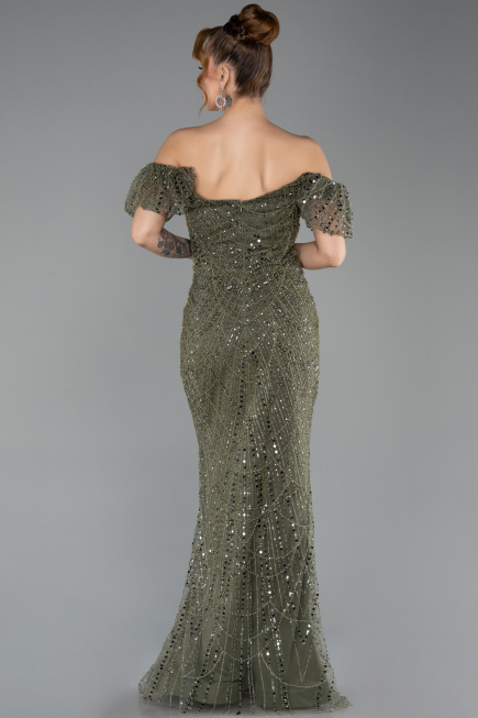 Long Olive Drab Beaded Evening Dress ABU5547