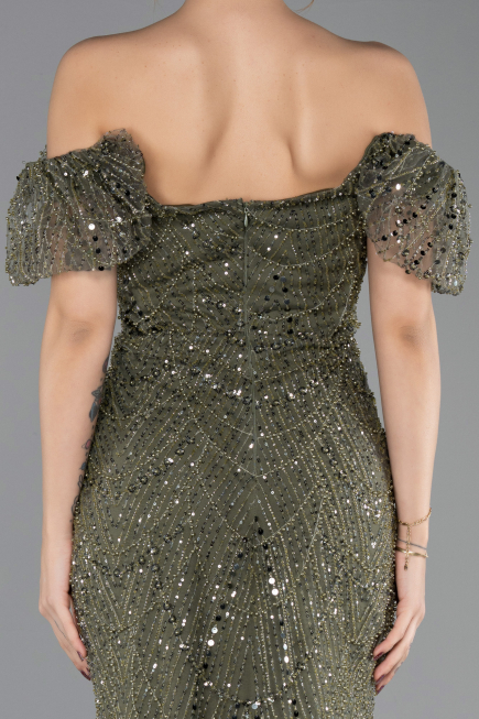 Long Olive Drab Beaded Evening Dress ABU5547