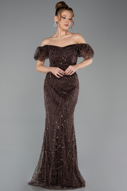 Long Brown Beaded Evening Dress ABU5547