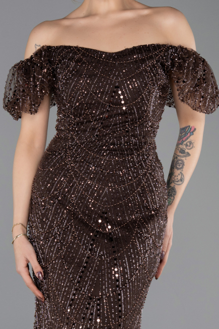 Long Brown Beaded Evening Dress ABU5547