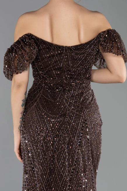 Long Brown Beaded Evening Dress ABU5547