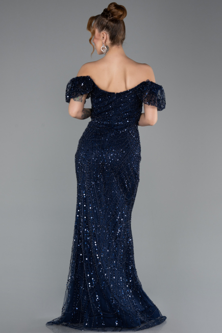 Long Navy Blue Beaded Evening Dress ABU5547