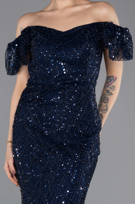 Long Navy Blue Beaded Evening Dress ABU5547