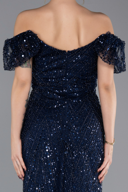 Long Navy Blue Beaded Evening Dress ABU5547