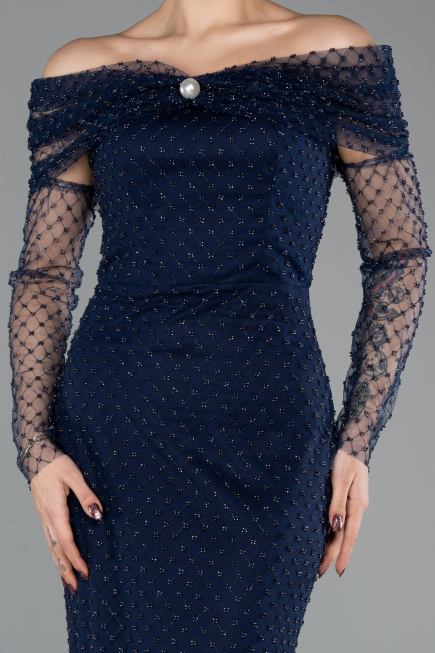 Long Navy Blue Beaded Evening Dress ABU5550