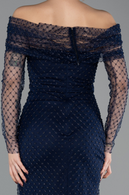 Long Navy Blue Beaded Evening Dress ABU5550