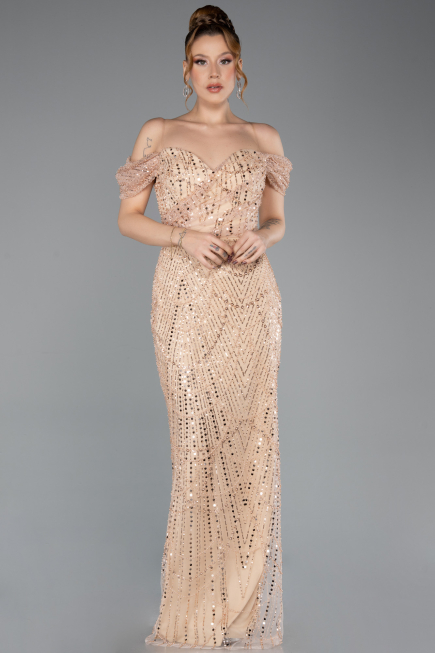 Long Gold Beaded Evening Dress ABU5557