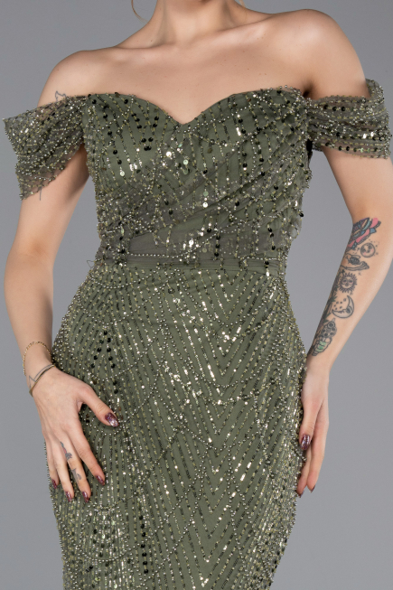 Long Olive Drab Beaded Evening Dress ABU5557