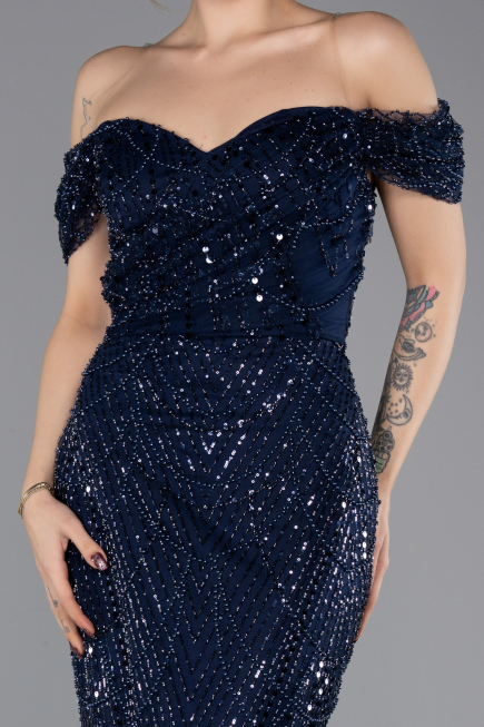 Long Navy Blue Beaded Evening Dress ABU5557