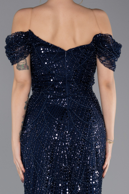 Long Navy Blue Beaded Evening Dress ABU5557