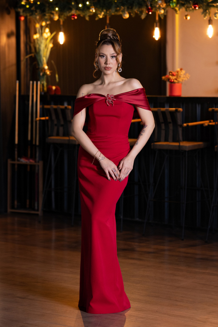Burgundy Off Shoulder Long Evening Dress ABU5562