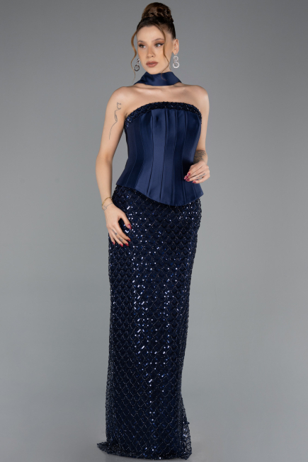 Long Navy Blue Beaded Evening Dress ABU5556