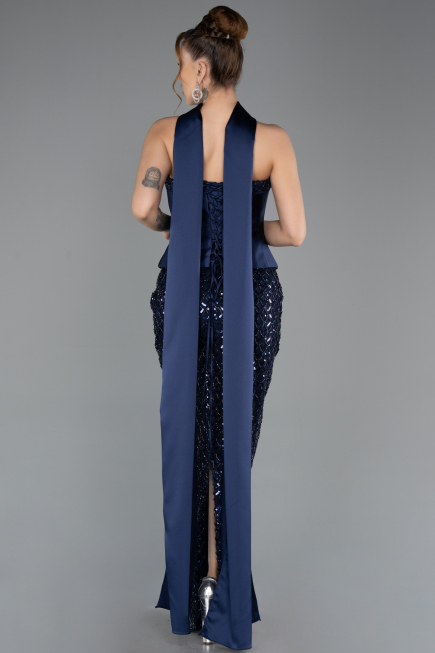 Long Navy Blue Beaded Evening Dress ABU5556