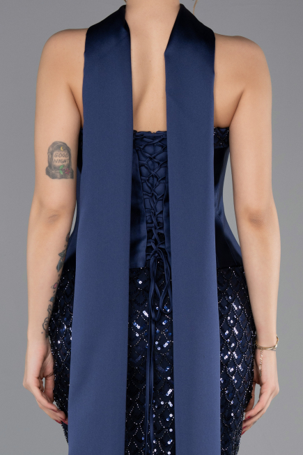 Long Navy Blue Beaded Evening Dress ABU5556