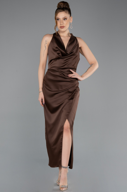 Midi Brown Satin Party Dress ABK2506