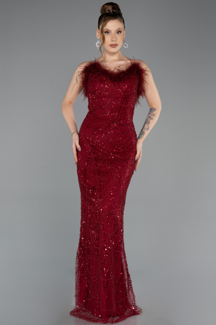 Long Burgundy Beaded Evening Dress ABU5590
