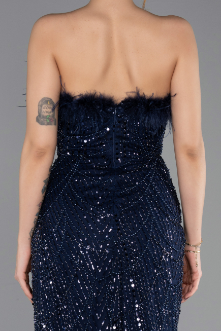 Long Navy Blue Beaded Evening Dress ABU5590