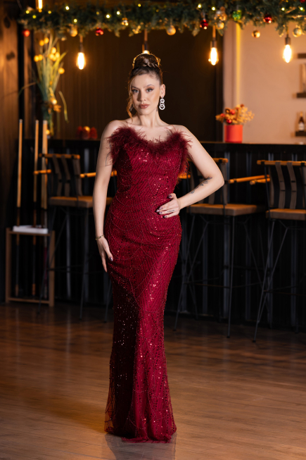 Long Burgundy Beaded Evening Dress ABU5590
