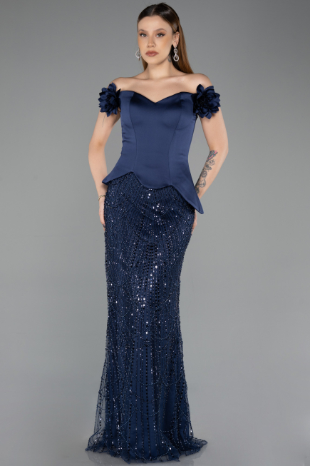 Long Navy Blue Beaded Evening Dress ABU5616