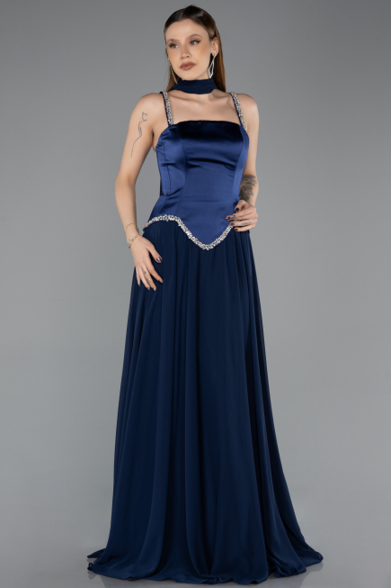 Long Navy Blue Chiffon Evening Dress ABU5619