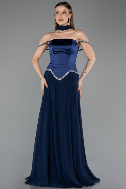 Long Navy Blue Chiffon Evening Dress ABU5619