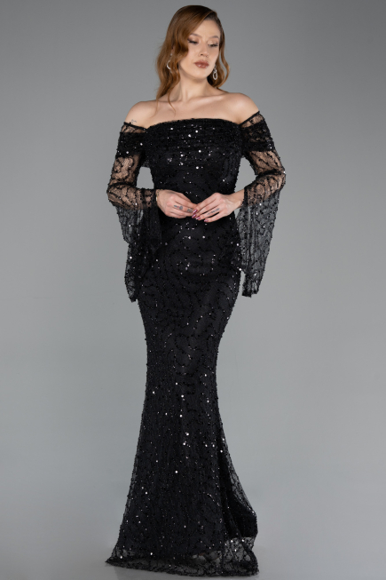 Long Black Scaly Mermaid Evening Gown ABU5623