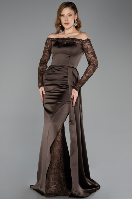 Long Brown Satin Mermaid Evening Gown ABU5641