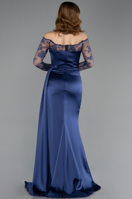 Long Navy Blue Satin Mermaid Evening Gown ABU5641