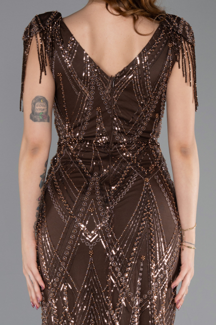 Long Brown Beaded Evening Dress ABU5637