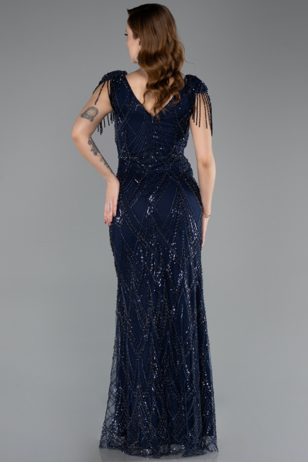 Long Navy Blue Beaded Plus Size Evening Dress ABU5336