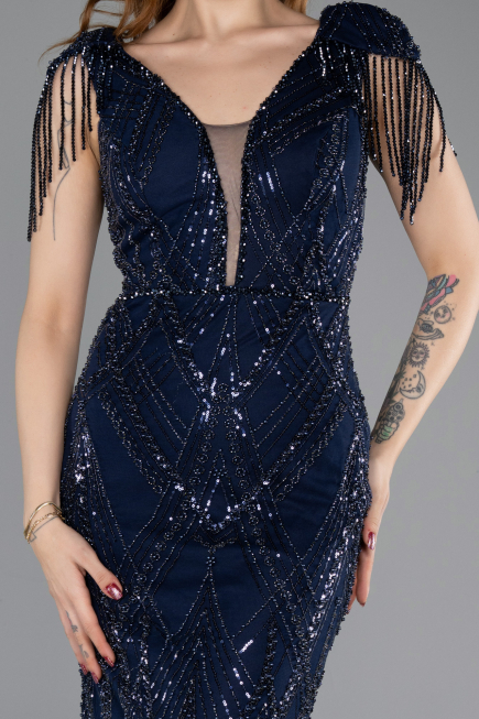 Long Navy Blue Beaded Plus Size Evening Dress ABU5336