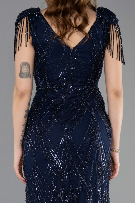 Long Navy Blue Beaded Plus Size Evening Dress ABU5336