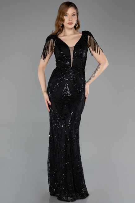 Long Black Beaded Plus Size Evening Dress ABU5336