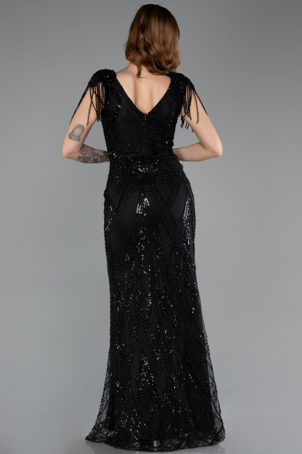 Long Black Beaded Plus Size Evening Dress ABU5336