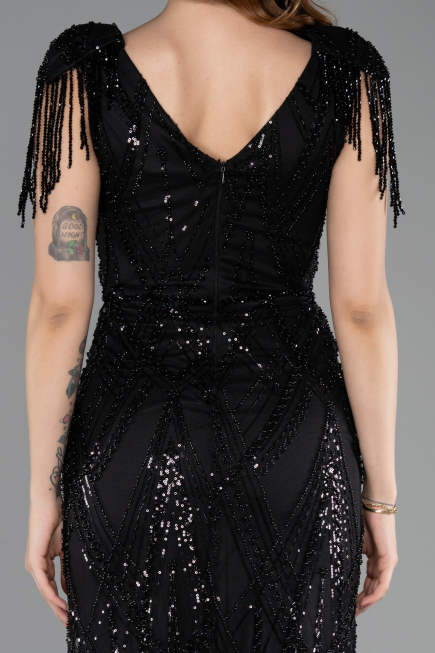 Long Black Beaded Plus Size Evening Dress ABU5336