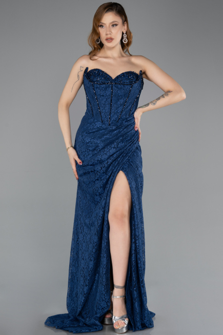 Long Navy Blue Laced Evening Dress ABU5642