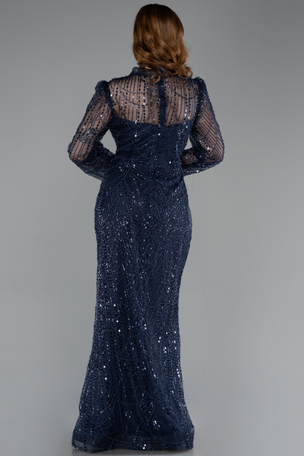 Long Navy Blue Beaded Plus Size Evening Gown ABU5643