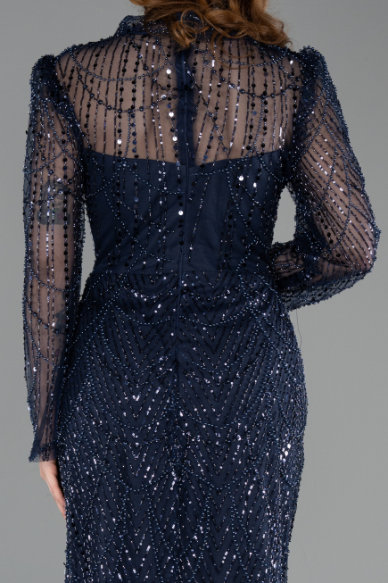 Long Navy Blue Beaded Plus Size Evening Gown ABU5643