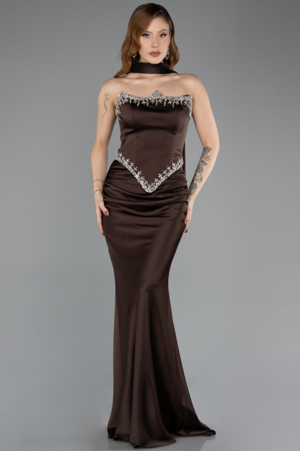 Long Brown Satin Mermaid Prom Dress ABU5644