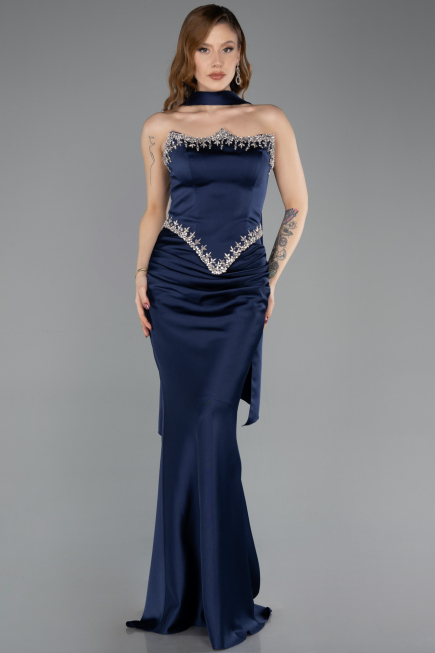 Long Navy Blue Satin Mermaid Prom Dress ABU5644