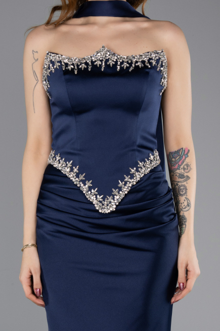 Long Navy Blue Satin Mermaid Prom Dress ABU5644