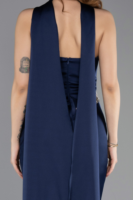 Long Navy Blue Satin Mermaid Prom Dress ABU5644