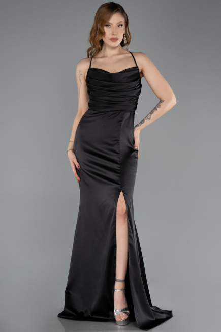 Long Black Satin Prom Gown ABU5646
